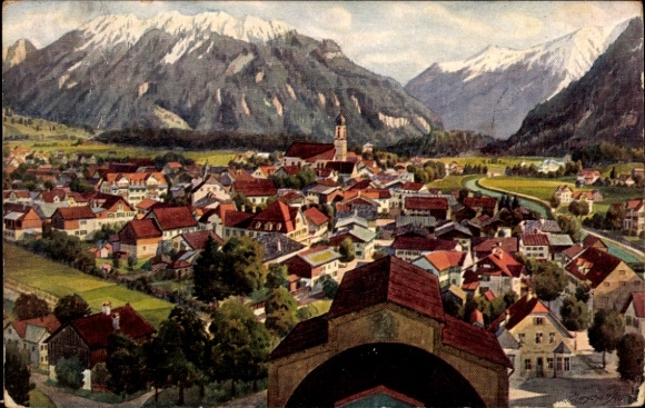Postcard Oberammergau in Upper Bavaria, mountain landscape, houses, church, snow-capped mountains