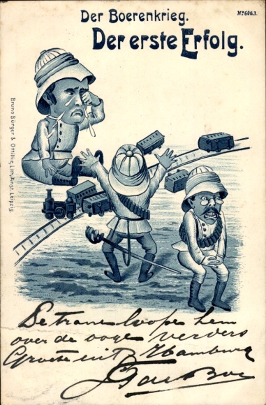 Litho Der Boerenkrieg, Burenkrieg, Der erste Erfolg, Spielzeugeisenbahn, Karikatur