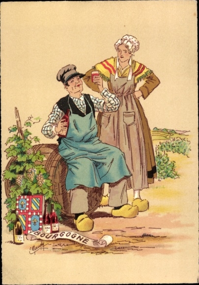 Künstler Ak Bourgogne Marne, Volkstrachten, Weinfass