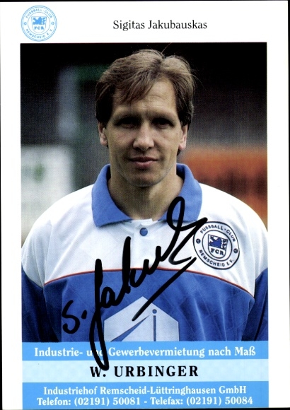 Autograph card footballer Sigitas Jakubauskas, FC Remscheid, autograph