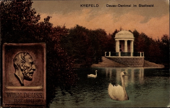 KP Krefeld am Niederrhein, pomnik Deussa w lesie miejskim, łabędzie