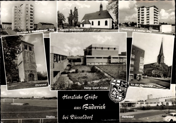 Postcard Büderich Meerbusch on the Lower Rhine, high-rise building, chapel, memorial, stadium, indoor swimming pool, coat of arms
