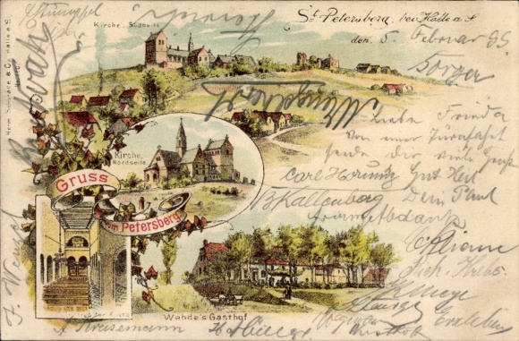 Litho Petersberg im Saalekreis, Kirche, Innenansicht, Gasthof Wehde