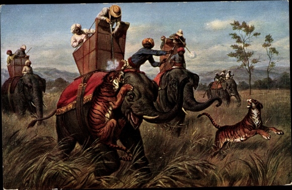 Artist Postcard tiger hunt, hunters on elephants, elephant guides
