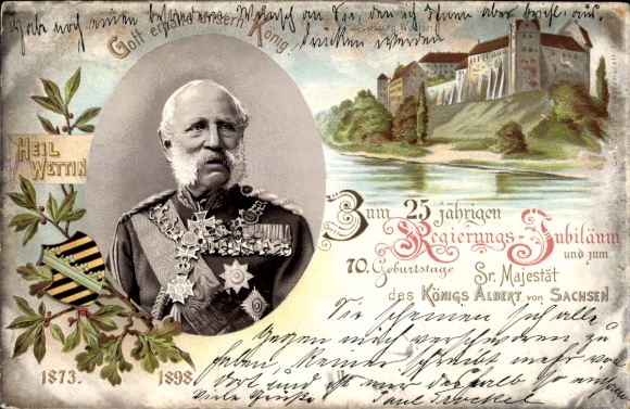 Litho Wettin an der Saale, Burg, 25jähriges Regierungsjubiläum, 70. Geburtstag König Albert