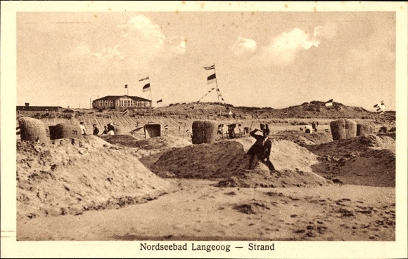 Postcard North Sea resort Langeoog East Frisia, beach, beach chairs, flag