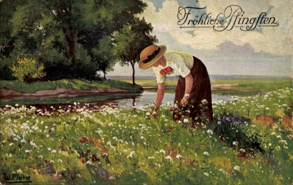 Artist Postcard Merker, W., Congratulations Pentecost, Spring