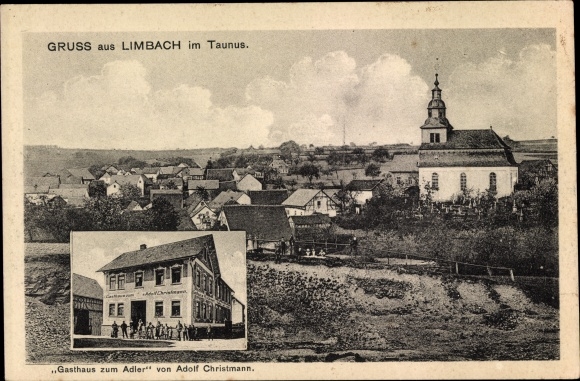 Postcard Limbach Hünstetten im Taunus Hessen, Inn zum Adler, church, view of the town