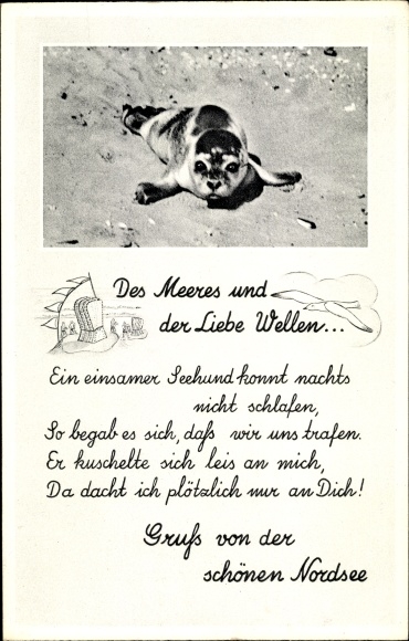 Postcard Nordsee Deutschland, A seal on the beach, The sea and waves of love