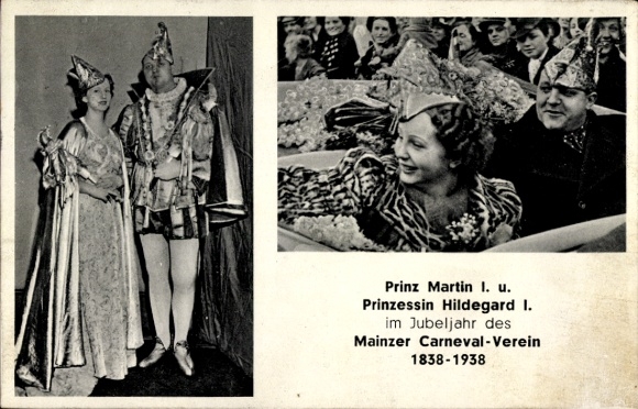 Postcard Mainz am Rhein, Mainz Carnival Association, Prince Martin I, Princess Hildegard I, Jubilee Year 1938