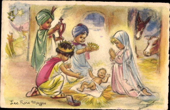 Artist Postcard Jesus Child and Three Kings, Gifts, Praying Mary