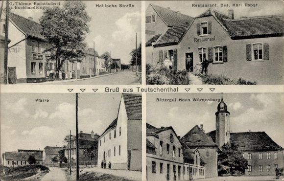 Ak Teutschenthal im Saalekreis, Vorderseite zeigt Hallische Straße, Restaurant Karl Pabst, Pfarre