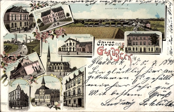 lito Gladbeck w Zagłębiu Ruhry Westfalia, dworzec kolejowy, kopalnia, kościół, hotel