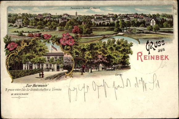 Chromo-Litho Reinbek in Schleswig Holstein, Gasthaus Zur Harmonie, view of the town