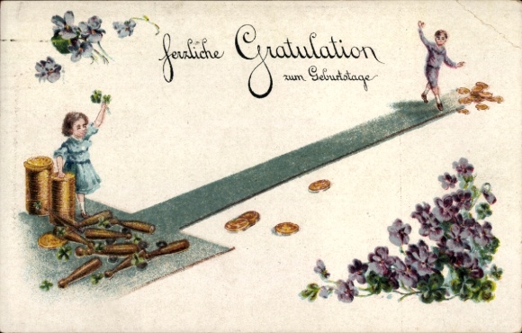 Postcard congratulations birthday, children bowling, flowers, coins