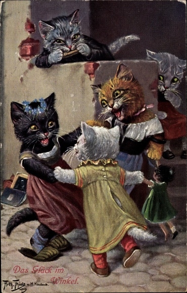 Kunstenaar Ak Thiele, Arthur, Het geluk in de hoek, gehumaniseerde katten