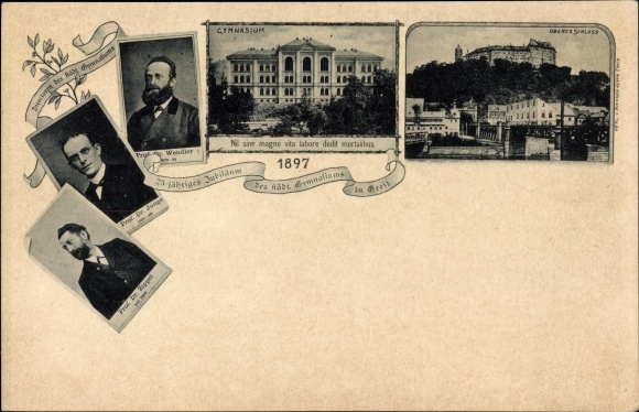 Postcard Greiz im Vogtland, municipal high school, 25th anniversary 1897, Upper Castle